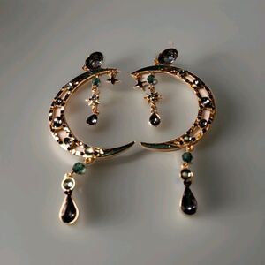 Large Gold & Blue Crescent Moon And Stars Dangle Earrings Blue Crystals